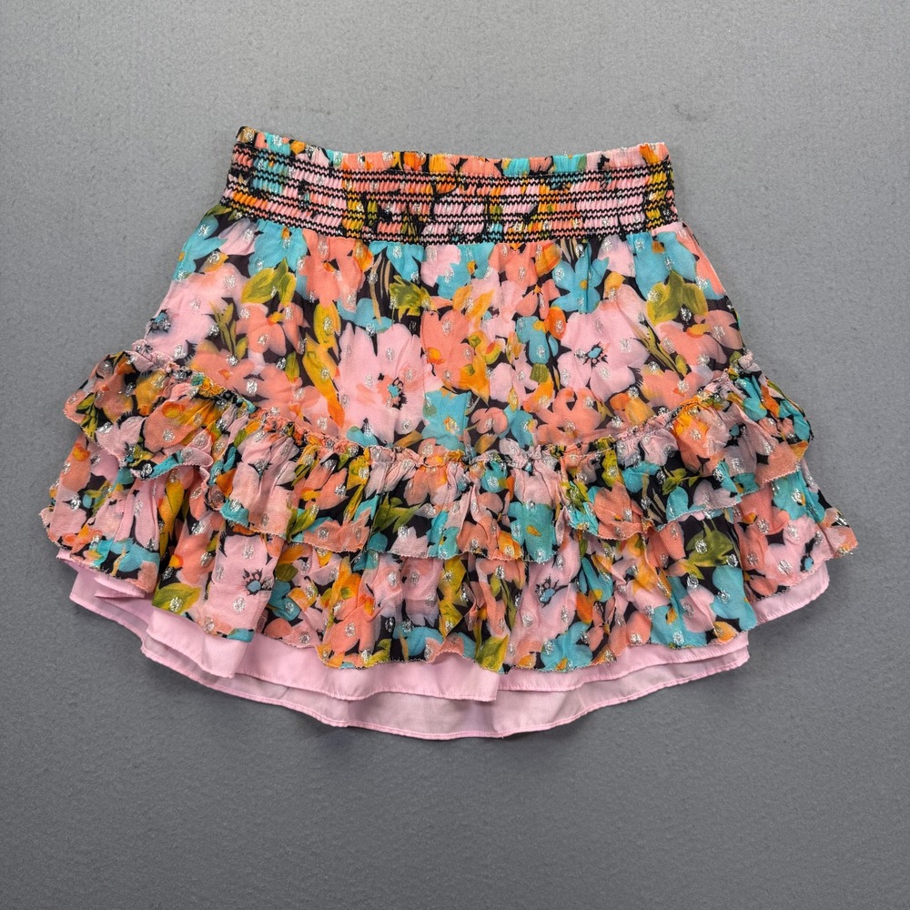 Saylor Pink Floral Smocked Tiered Mini Skirt Metallic Lurex Accents Womens Small
